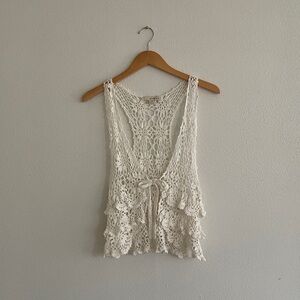 Crochet Vest Scoop Tie Front Tiered Lacey Sweater